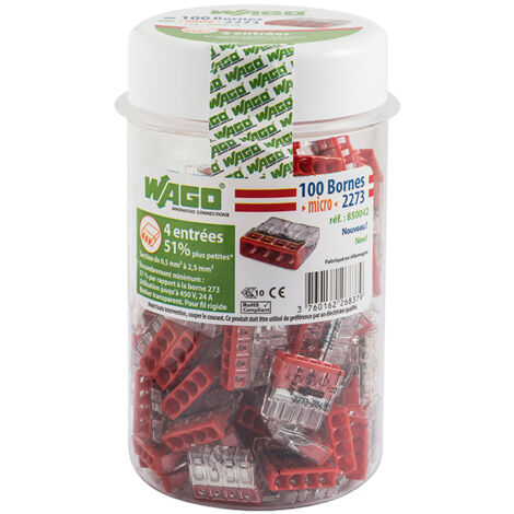 Wago – Pot de 100 mini bornes de connexion automatique 4 entrées – PUSH WIRE® 450V 24A – Raccordement 0.5 à 2.5 mm² – Boîtier transparent - S2273