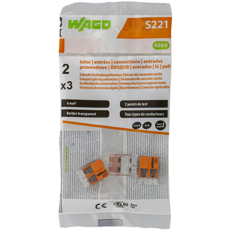 Wago – Lot de 3 bornes de connexion S221 2 entrées pour fils souples et rigides 0.5 à 6mm² – CAGE CLAMP® – Installation rapide