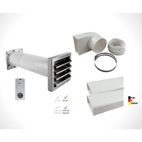 Abluftset AEROBOY Energiespar-Mauerkasten 150er System Edelstahlluftgitter Zwischenschaltersteuerung Dunstabzugshaubenzubehör