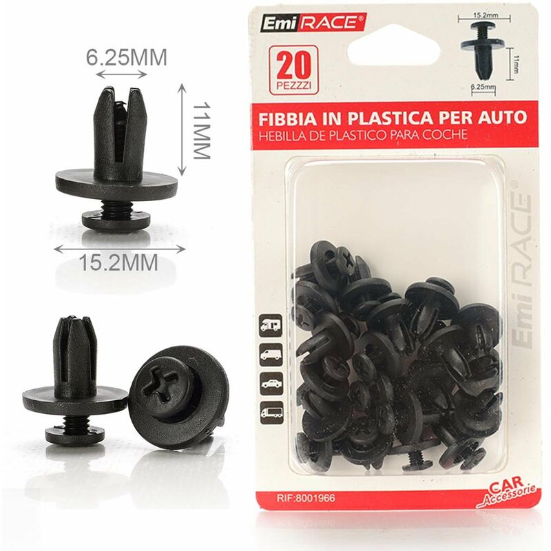 Kit da 20 Rivetti in Plastica con Fissaggio a Vite 15,2x11mm