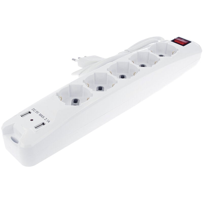 Multipresa Ciabatta Elettrica Spina Con 2 USB 2,1A Cavo 1,5 Metri 5 Posti  2P+T 10/16A Bipasso Schuko Con Interruttore SKU-8715