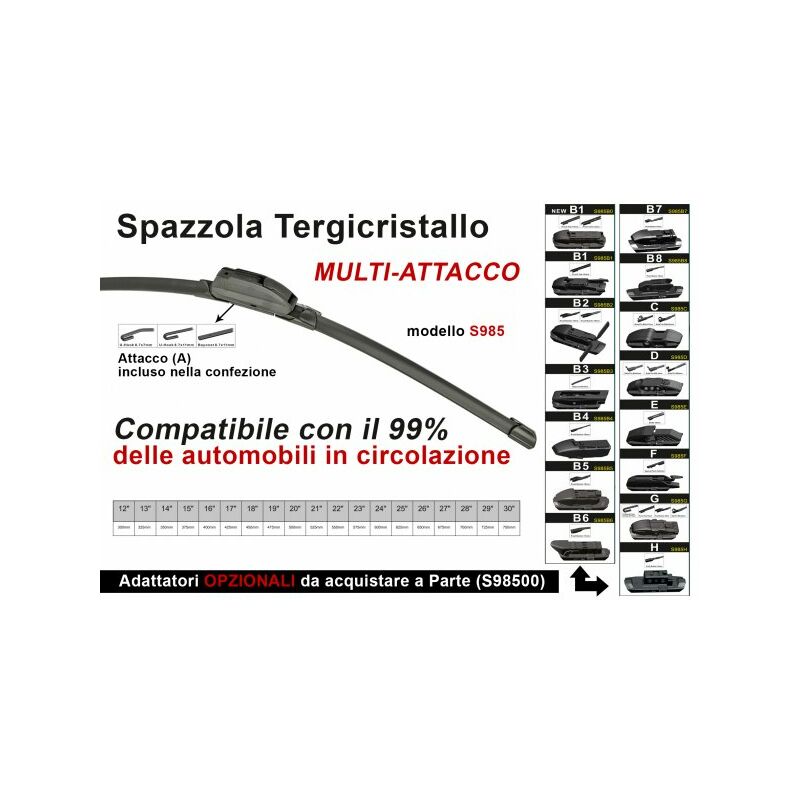 Spazzola Tergicristallo Auto Universale S985 20'' 500mm Carall 16 Attacchi  Opzionale