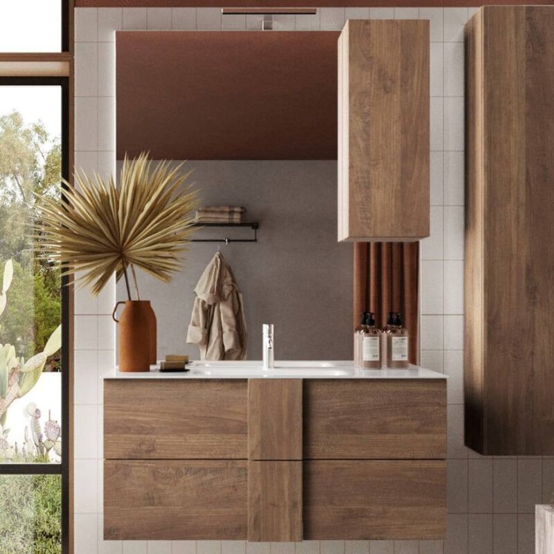 Mobile bagno sospeso curvo 80 cm rovere nordico con lavabo e specchio