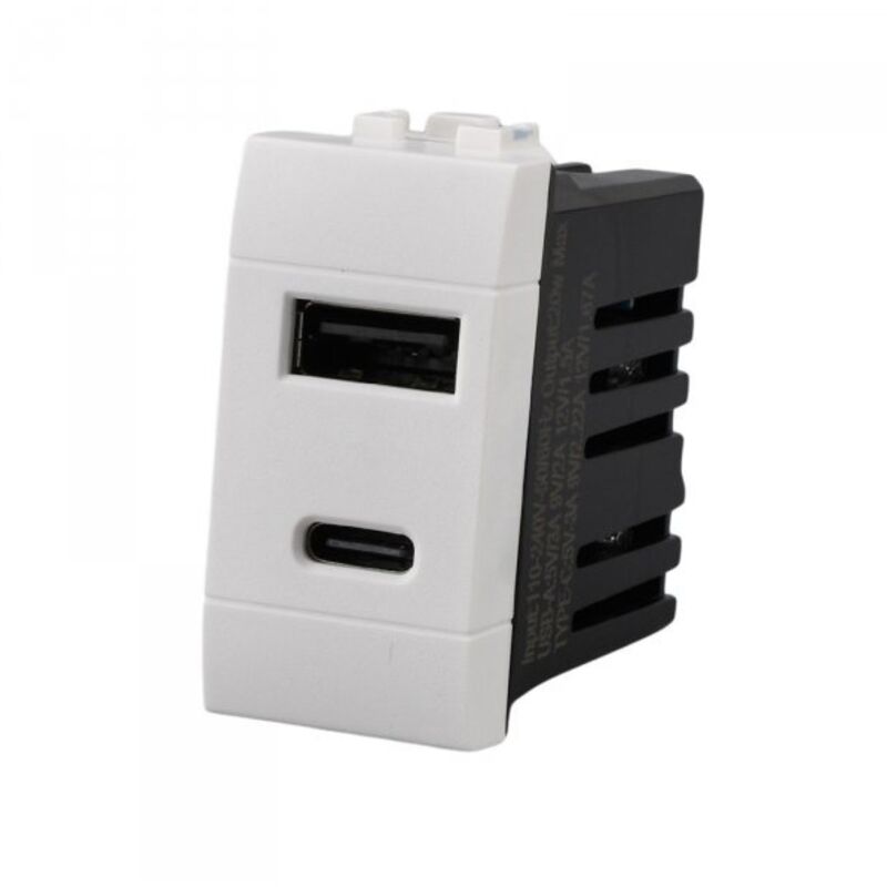 Caricatore USB Da Incasso 1 Modulo USB-A QC 3.0 E USB-C PD 20W, Ricarica Rapida Per Bticino Living International, Colore Nero Serie MBL - 3