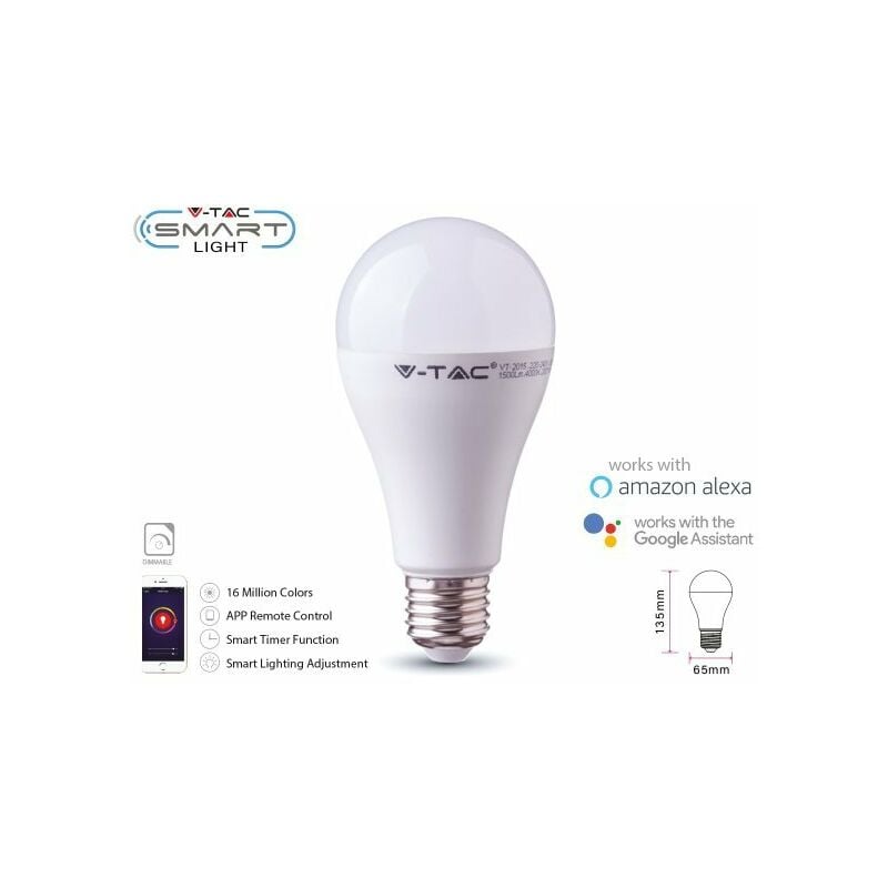 V-TAC Smart Lampada Led Bulb E27 A65 15W WiFi RGB CCT Dimmerabile APP  Compatible  Alexa Google Home SKU-2753