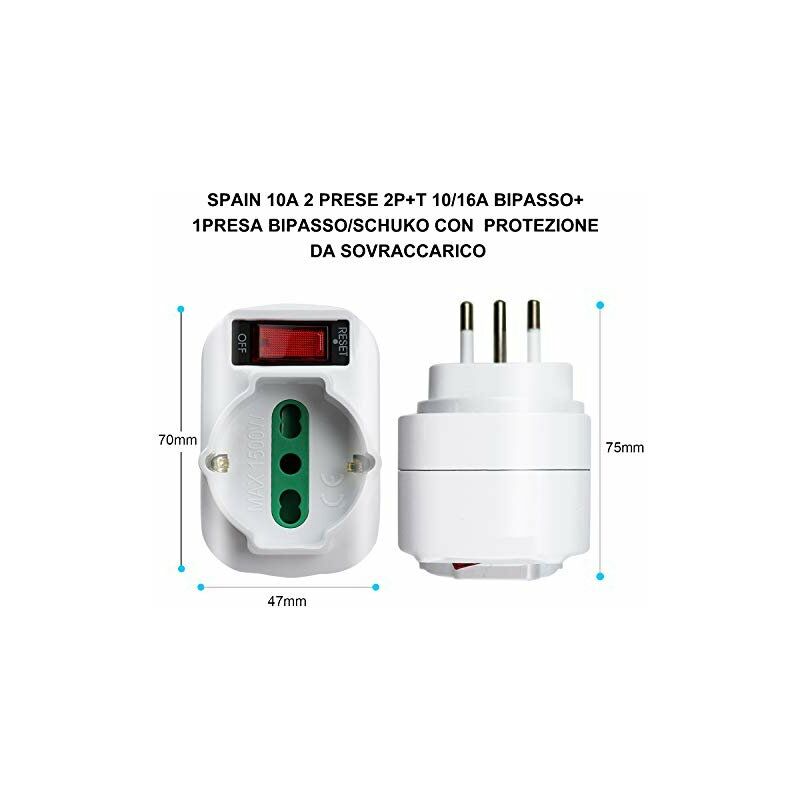 Adattatore Triplo Con Interruttore Spina 10A 2 Prese 10/16A Bipasso + 1 Presa  Schuko 250V Bianco XSL1080