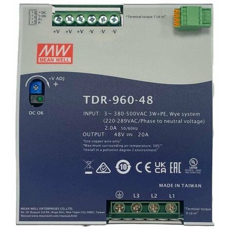 MeanWell TDR-960-48 Alimentatore DIN RAIL 960W 48V 20A Input 380V Trifase  Per Uso Industriale