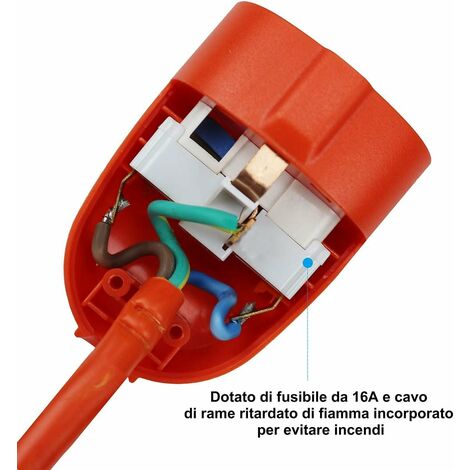 Prolunga Elettrica Lineare Colore Arancione 10M 3X1.5mm Spina Italiana 16A  Presa Bipasso Schuko 10/16A