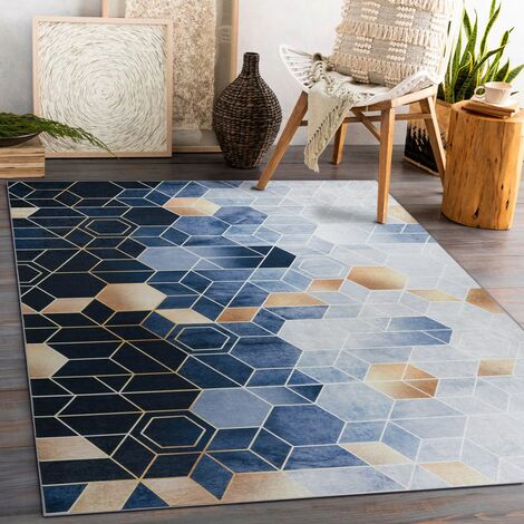 Tappeto capelli corti ARLEN CUBE colore blu motivi geometrico stile moderno  80x150 hakano