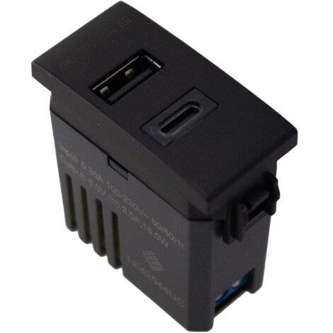 Modulo Presa Caricatore USB 5V 3A  USB-A + USB-C Colore Nero Compatibile Con Bticino Living e Vimar Plana