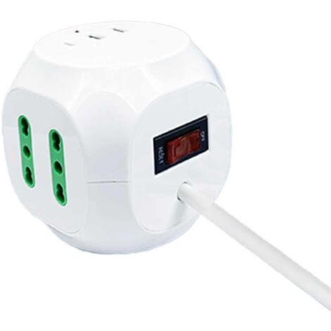Multipresa Cubo 8 Posti 4 Prese 10/16A + 1 Presa Bipasso Schuko + 2 USB + USB C 3.0 con Interruttore Spina 10A Cavo 1.5m Bianco