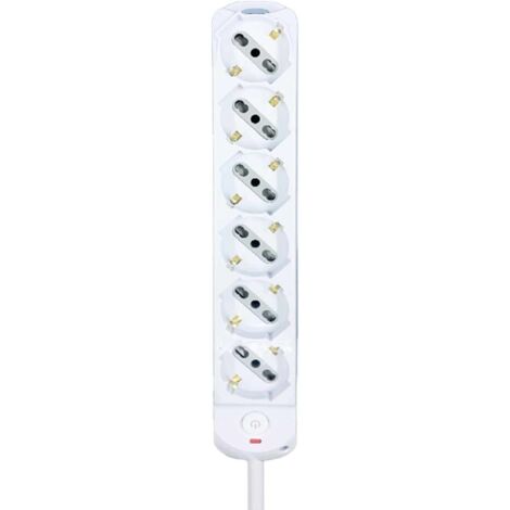 Multipresa Ciabatta Elettrica a 6 Posti 6 Prese Bipasso Schuko 10A/16A con Interruttore e Spina 10A Cavo 1.5 metri Bianco
