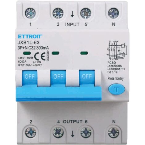 Interruttore magnetotermico differenziale 3P+N 32A 6kA 300mA 380V 4 Moduli DIN Ettroit JX263263