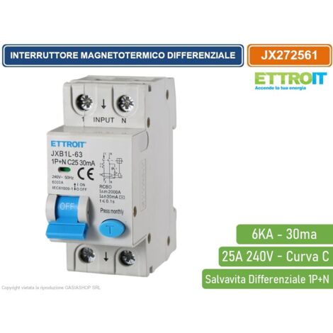 Interruttore differenziale 1P+N 25A 6kA 30mA 220V occupa 2 moduli DIN Ettroit JX272561