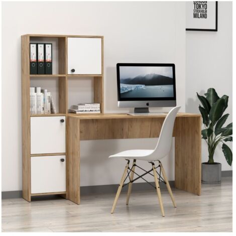 Scrivania con libreria Halk colore rovere e bianco