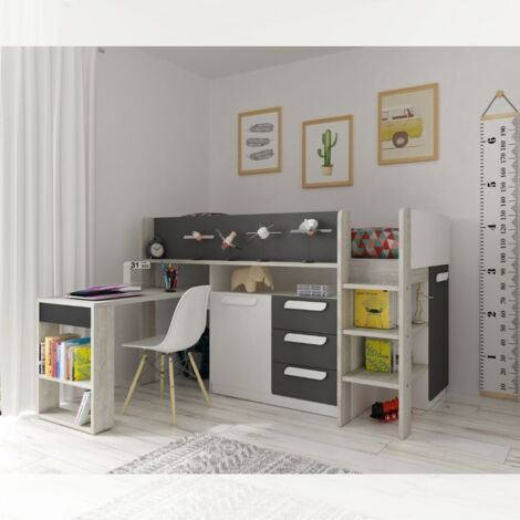 Letto a soppalco 6020 bianco antracite con scrivania estraibile reversibile