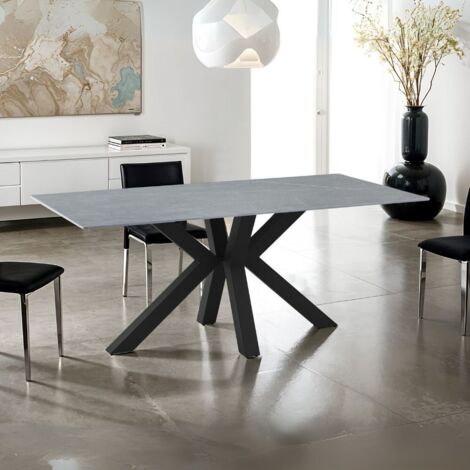 Tavolo Germany 180x90 piano ceramica effetto marmo grigio opaco e gambe nere (1/4)