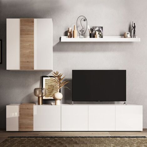 Parete attrezzata Sabry 301 cm bianco lucido rovere Kadiz (1/4)