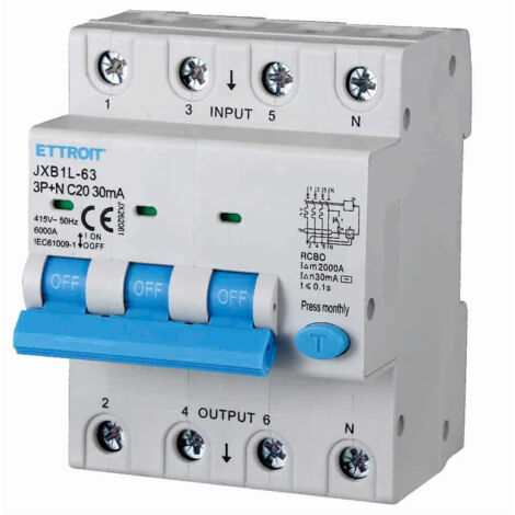 ETTROIT Interruttore Magnetotermico Differenziale 3P+N 20A 30mA 380V-6KA 4 moduli JX262061