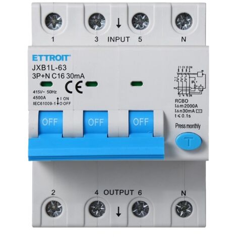 ETTROIT Interruttore Magnetotermico Differenziale 3P+N 16A 30mA 380V-6KA 4 moduli DIN JX261661