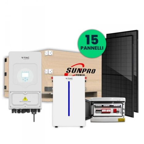 KIT Fotovoltaico Monofase Completo 6KW Con 15 Moduli 410W, Batteria di Accumulo 6.14kWh, Inverter Ibrido 6kW, Quadro AC/DC Monofase 6kW 2 Stringhe 2 MPPT