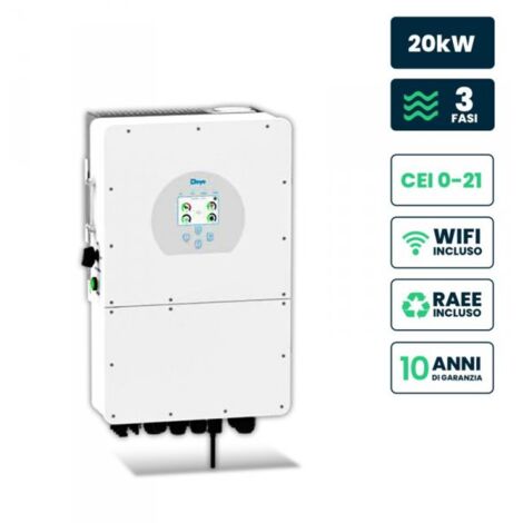 Inverter Fotovoltaico Deye Trifase Ibrido ALTA TENSIONE On-Grid/Off-Grid 20kW CEI 0-21, Schermo LCD Touch a Colori, Smart Meter Integrato, WiFi e TA, Garanzia 10 Anni IP65 SKU-12170