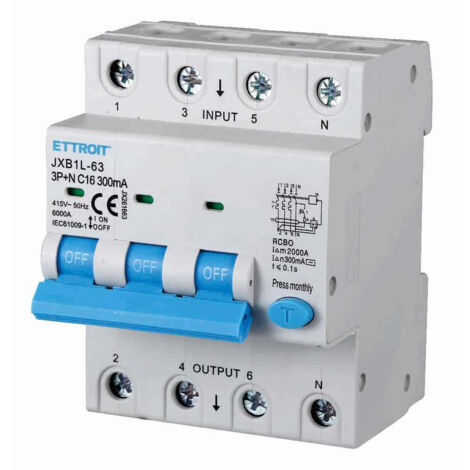 ETTROIT Interruttore Magnetotermico Differenziale 3P+N 16A 300mA 380V-6KA JX261663