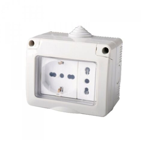 Kit Contenitore Cassetta Elettrica Esterna 1 Presa Schuko Universale +1 Presa Bipasso Con Coperchio Stagno IP55, Montaggio Da Parete Esterno,Omologato IMQ
