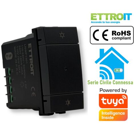 Pulsante Dimmer Connesso Smart WIFI Tuya Compatibile Bticino Living Colore Nero Max 150W