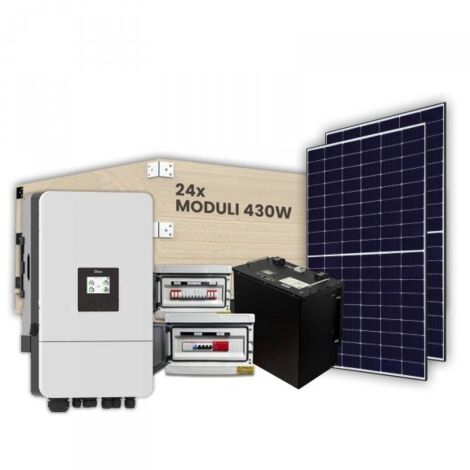 KIT Fotovoltaico Trifase 10kW con Inverter Ibrido, 24 Moduli 400W TIER-1 (9.6kW) Full Black con Accumulo LFP 10kWh e Quadri DC 2/2 e AC 1/1 10kW