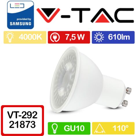 V-TAC PRO VT-292 Faretto LED GU10 con Chip Samsung 7,5W 110° Bianco naturale - 4000K