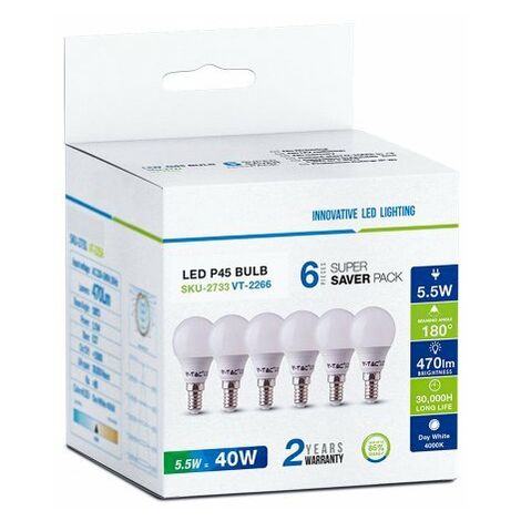 6 PZ Lampada A Led E14 P45 5,5W Bianco Freddo 6400K Forma Bulbo 180 Gradi