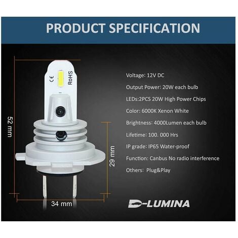 Lampada Led H7 12V 20W Fendinebbia Bianco 6000K 2000LM 360 Gradi Canbus Slim