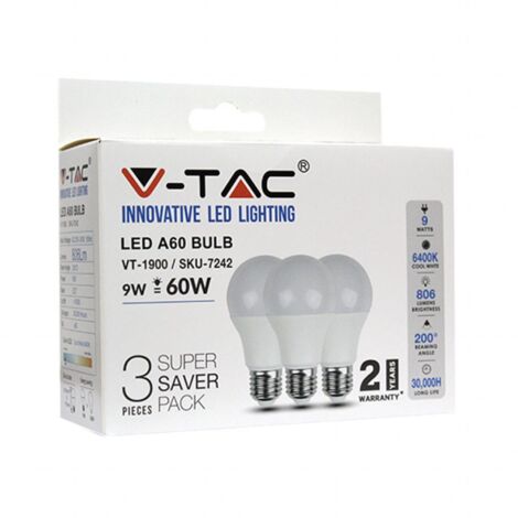 3 PZ Lampada Led E27 A60 9W Bianco Freddo 6400K Bulbo Sfera 806 Lumen SKU-7242