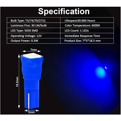 10 Lampadine Led T5 12V W1,2W Colore Blu Con 1 Smd 5050 Luci Cruscotto Auto