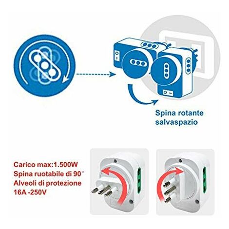 Adattatore rotante con spina 10A rotante e 2 prese bipasso e 1 presa  bipasso/schuko con protezione