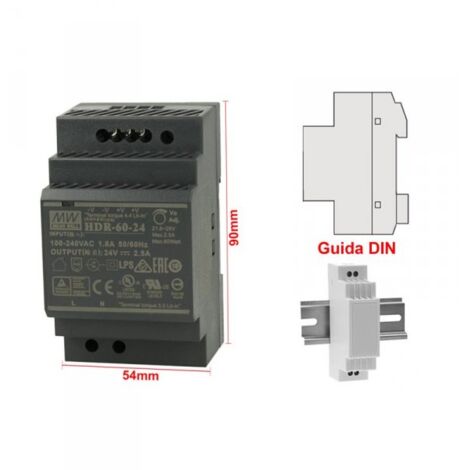 MW MEAN WELL HDR-60-24 Trasformatore Rotaia Industriale 24V 60W Barra Guida DIN Rail Power Supply Universale