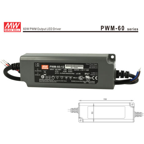 Alimentatore Led MW MEAN WELL PWM-60-12 Dimmerabile 60W 12V IP67 Dimming 3 in 1 0-10V 10V PWM Resistance (1/3)