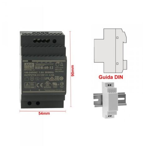 MW MEAN WELL HDR-60-12 Trasformatore Rotaia Industriale 12V 54W Barra Guida DIN Rail Power Supply Universale