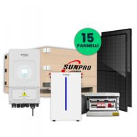KIT Fotovoltaico Monofase Completo 6KW Con 15 Moduli 410W, Batteria di Accumulo 6.14kWh, Inverter Ibrido 6kW, Quadro AC/DC Monofase 6kW 2 Stringhe 2 MPPT