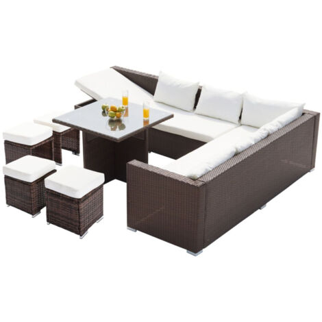Concept-Usine – Salon de jardin encastrable 10 places – Résine tressée marron – Table carrée 85x85cm – Coussins déhoussables en tissu déperlant