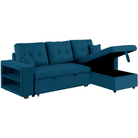 Concept-Usine – Canapé d'angle convertible 4 places bleu pétrole – Tissu lin – Dimensions 233 x 113 x 93 cm – Couchage 196 x 113 cm