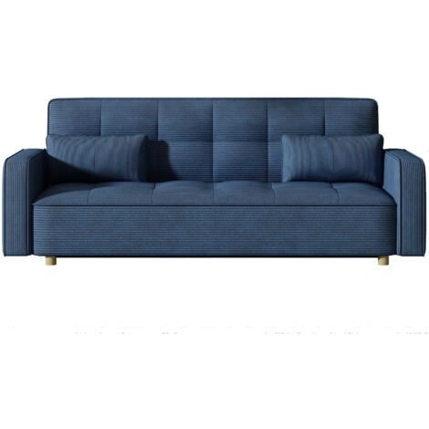Concept-Usine – Canapé convertible 3 places en velours côtelé bleu – Confort XXL avec mousse et plumes – Dimensions 213x89x79 cm – Couchage 213x111 cm