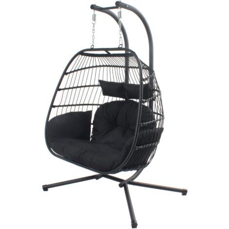 Concept-Usine – Fauteuil suspendu 2 places noir en résine aspect rotin – Structure en acier – Coussin déhoussable – Poids max 240 kg