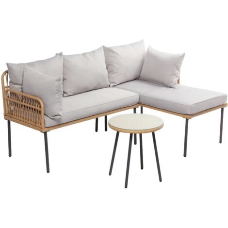 Concept-Usine – Salon de jardin d'angle 3 places en résine effet rotin – Table ronde avec verre trempé – 7 coussins déhoussables beige – Pour détente extérieure (1/5)