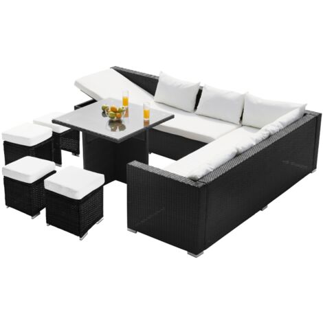 Concept-Usine – Salon de jardin encastrable 10 places – Résine tressée noire – Table carrée 85x85cm – Coussins déhoussables en tissu déperlant