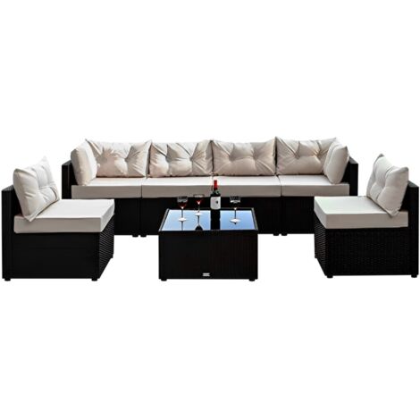 Concept-Usine – Salon de jardin modulable 6 places en résine tressée noire – Ensemble complet avec coussins déhoussables – Table basse en verre trempé