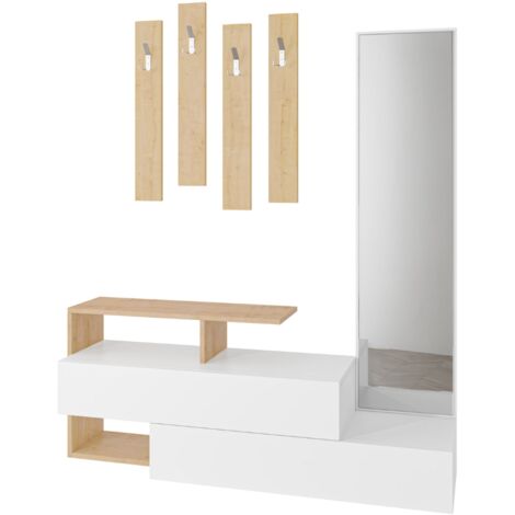 Concept-Usine – Meuble d'entrée bois blanc avec porte-manteaux – 6 espaces de rangement – Dimensions 137x35x54,5 cm – Nettoyage facile