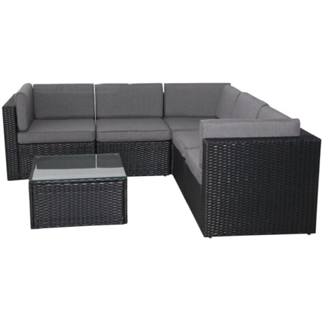 Concept-Usine – Salon de jardin 5 places en résine tressée – Canapé d'angle noir et gris – Table basse en verre trempé – Coussins déhoussables (1/4)