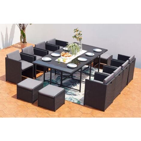 Table et chaises 12 places encastrables en résine noir/gris MIAMI